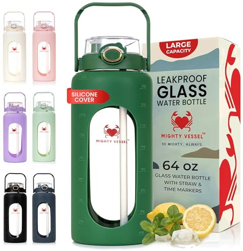 MIGHTY VESSEL 64 oz Glass Water Bottle – Olive Green | Leakproof Borosilicate Glass Jug with Straw, Time Marker & Silicone Sleeve – Hydration for Gym, Sports, Daily Use