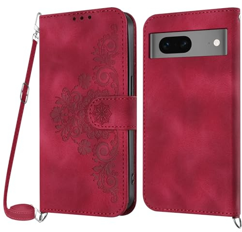 Netany Coque pour Google Pixel 7 5G avec Cordon, Etui pour Google 7 5G avec Cordon Collier, Cuir Flip Portefeuille Étui en Cuir, Housse Case Etui avec [Bandoulière Réglable] Lanyard Case Cover (Rouge)