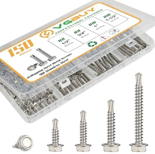 VGBUY 150Pcs Self Drilling Screws Assortment Kit, 410 Stainless Steel Self Tapping Sheet Metal Screws, #8 1/2 3/4 #10 1 1-1/2, Hex Washer Head