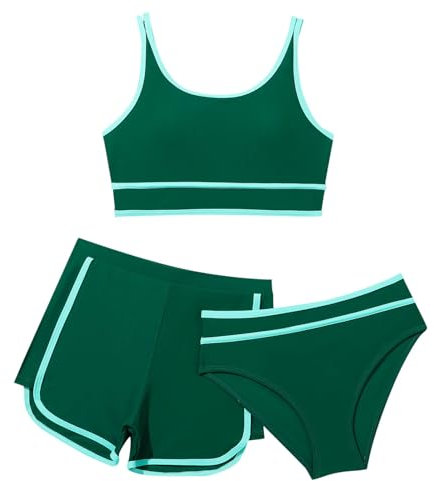 3 Stück Mädchen Bikini Sets Schwimmanzug Kinder Einfarbiges Strand Bademode Bikini Oberteil mit Triangel Bikinihose Und Kurz Shorts Teenager Badeanzüge mit Verstellbare Schultergurte 9-14 Jahre
