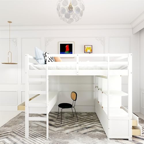Lit Mezzanine 90/140x200 cm avec tiroirs de Rangement, Bureau sous Le lit et Protection Contre Les Chutes, Blanc (Blanc, 140x200 cm)