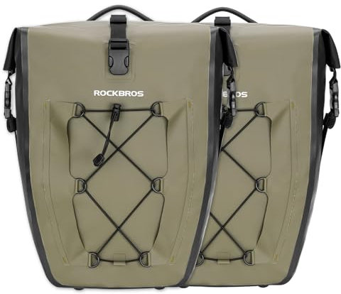ROCKBROS Bike Pannier Bag 25L-32L 100% Waterproof Rear Rack Bike Bag Bicycle Bag for Rear Carrier Bike Handbag for Cycling Touring Travelling (Green-2pcs)