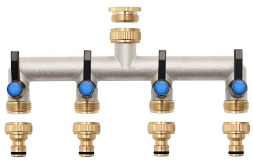 Anderlax Distributore dell'Acqua a 4 Vie, in Ottone, Adattatore da 3/4 Pollici con 4 connettori per Rubinetto da 3/4 a 1/2 per casa, Cortile/Lavatrice