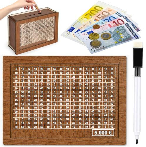 Spardose aus Holz - spardose mit zähler für 5000 Euro, Wiederverwendbare Spardose mit Sparziel und Zahlen zum ankreuzen, Retro Sparbüchse Aufbewahrungsbox für Erwachsene und Kinder