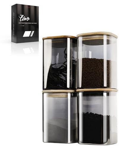 LIBWYS 4er Set UV Schutz Vorratsgläser Kaffeebohnen behälter Teedose mit Bamboos Deckel Eckig Vorratsdose Glas - 1150 ml * 4 Glasbehälter (4pcs - LRC Edition)