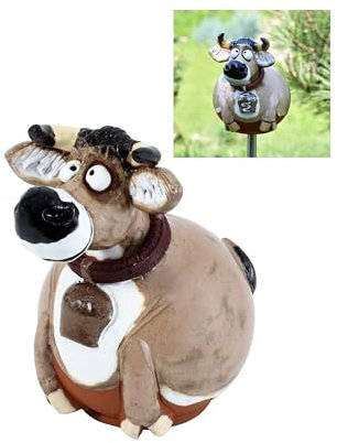 Midene Gartenstecker Keramik Handgefertigt - Gartendeko für Draußen Wetterfest - Garten Deko Keramik - Tier Gartenfiguren & Gartenstatuen - Alpenkuh mit Glocke