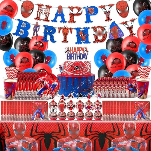 135Pcs Spider Birthday Party Decorations- Spidey Happy Birthday Banner Balloons Red Tableware Set Cake Topper Decorations Plates Napkins Tablecloths for Boys Cartoon Theme Party Supplies for 10 Guests