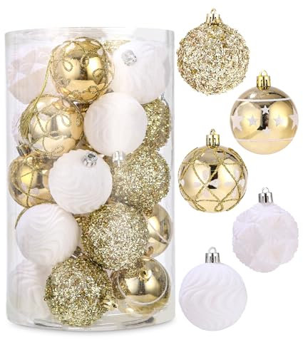 SOBEAU 25 Stück Weihnachtskugeln Set, 6cm Christbaumkugeln Kunststoff, Weihnachtsbaumschmuck Ornamente für Dekoration, Weihnachtsbaumkugeln für Neujahrsfeier Feiertage(Weiß und Gold)