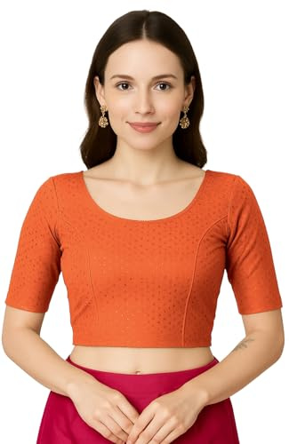 Jaanvi mode dam rund hals ren bomull dobby armbåge ärm färdig sari blus, Fire-orange, XXL