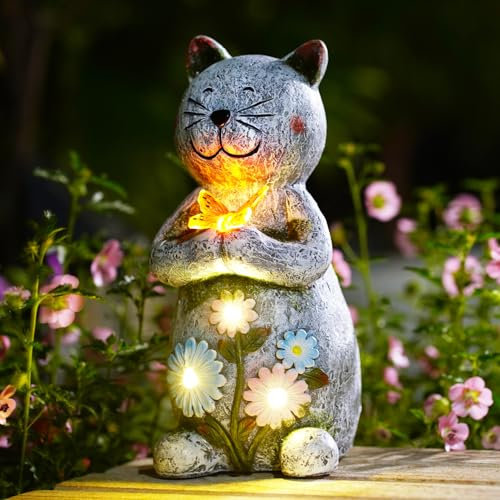 Yeomoo Solar Cat Garden Ornaments Outdoor - Resin Waterproof Decorations with Butterfly for Yard Lawn Patio Home Decor Accessories - Cat Gifts for Women Mum Grey