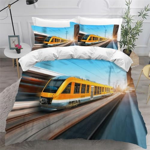 Generisch Bettwäsche 135x200 Zug Eisenbahn Bettbezug 135 x 200 3 Teilig Kinder Erwachsene Bettwäsche-Sets 3D Muster Weiche Mikrofaser Bettbezüge mit 2 Kissenbezug 80x80 cm C1382