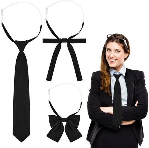 Deepton 3 Stücke Schwarze Krawatte Damen, 3 Stile Verstellbare Krawatte für Mädchen, Krawatte Schwarz, Lange Krawatte, JK-Uniform-Krawatte, Seidenlook Glänzend Vorgebunden Gummizug