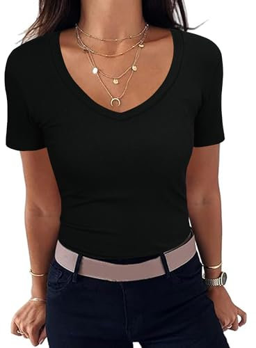 Aottori Black Short Sleeve T Shirt for Women Summer Basic Tops Ladies V Neck Ribbed Fitted Tee Shirts Solid Casual Tunic Pullover Top Black S