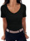 Aottori Camiseta Basica Negro Mujer Verano Manga Corta Camisetas Elegante de Punto Blusas Cuello en V Elástico Ligero Sólido Casual Túnica Top Negro S