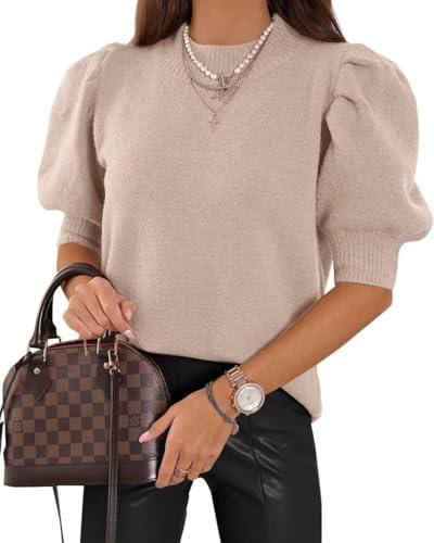 Saodimallsu Damen Puff Kurzarm Pullover Rundhals T-Shirt Sommer Leicht Strickpullover Puffärmel Elegante Stretch Bluse Einfarbige Oberteile Basic Sweatshirt Tops