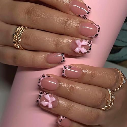 Leopard-edged French Fake Nails,Bow Decoration Square Press on Nails,Glossy Short Fake Nails with Glue,Comfortable Fit Stick on Nails,Full Cover French Tip for Women & Girls Nail Art