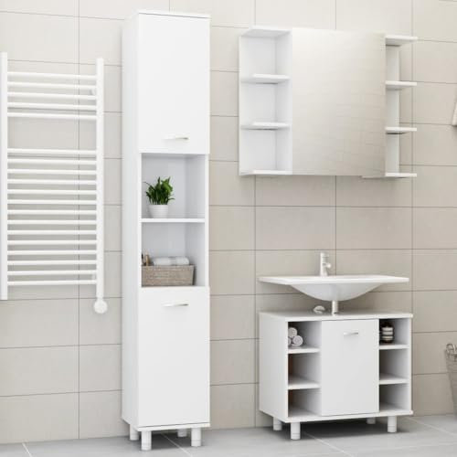 Myheimly 3-TLG. Badmöbel-Set Badezimmer Möbel mit viel Stauraum, Badschränke mit Spiegel, Badspiegel Waschbeckenschrank Hochschrank Badezimmerschrank, Weiß Holzwerkstoff