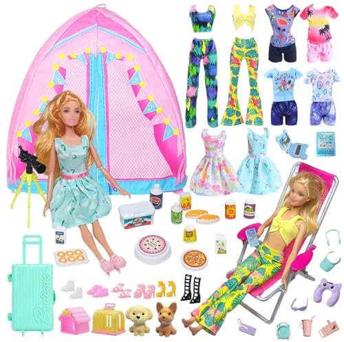 43 Kleidung Camping Sets Kompatibel mit Barbie 11.5inch Puppe, 1 Zelt 1 Liegestuhl 4 Oberteile 4 Hosen 1 Rock 1 Fernglas 1 Reisegepäck 24 Zubehör 6 Schuhe für 11,5 Zoll Puppe Mädchen Geschenk Zufällig