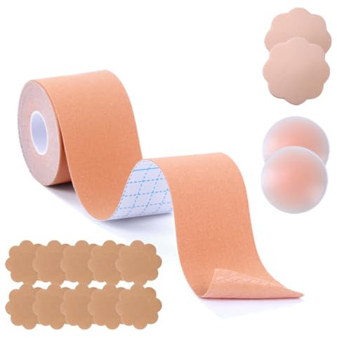 Bande Soutien Gorge Invisible Adhesif, Sein Adhesif Boob Tape, 2 Cache Tetons Femme Réutilisables, 12 Forme du Pétale Autocollants Mammaires, Body Tape pour Bonnet A-E Gros Seins