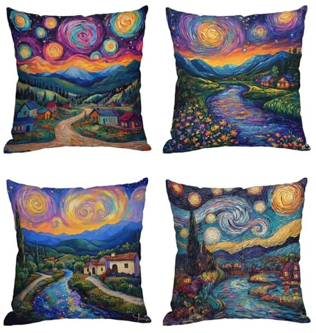 Outdoor Kissen 60x60 Farbe Kissenbezug Wasserfest Leinen Sofakissen Van Gogh Design Doppelseitig Bedruckter Quadrat Kissenbezüge Sommer Dekokissen Kissenhülle für Garten Bank Balkon Deko 4er Set F-360