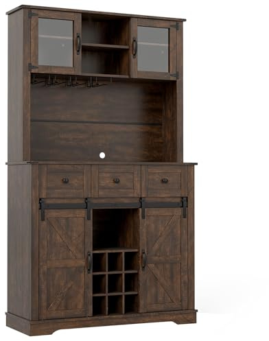 TANGZON Tall Kitchen Cupboard, 4 Door Storage Cabinet with Wine Rack, Glass Holders, Adjustable Shelves, Drawers & Countertop, Freestanding Wooden Tall Sideboard Unit for Pantry Dining Living Room