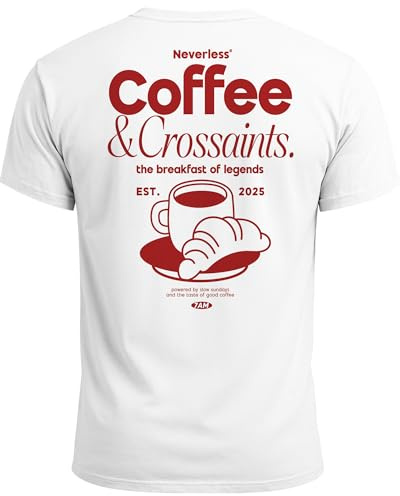 Neverless® Herren T-Shirt Backprint Grafikshirt Rückendruck Coffee Croissant KaffeeliebhaberFashion Streetstyle Weiss-rot M
