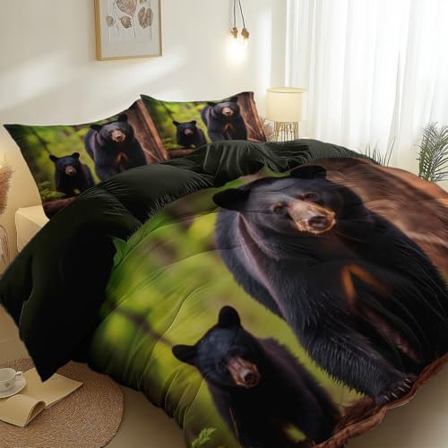 Bettwäsche Set Outdoor-Stil Schwarzbär Wald Schwarz Grün,Mit 2 Kissenbezügen 80X80 cm, Mikrofaser Bettbezug 3Er Set Mit Reißverschluss, Bügelfrei Und Weich Cool 200 cm X 200 cm