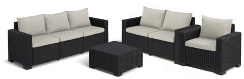 Allibert California Gartenmöbel-Set 4-teilig, Loungemöbel Outdoor, Gartenlounge, Terrassenmöbel außen, Rattan Lounge, Sitzgruppe im Freien, Gartensofa mit Beistelltisch, Sessel & Sitzkissen, Anthrazit