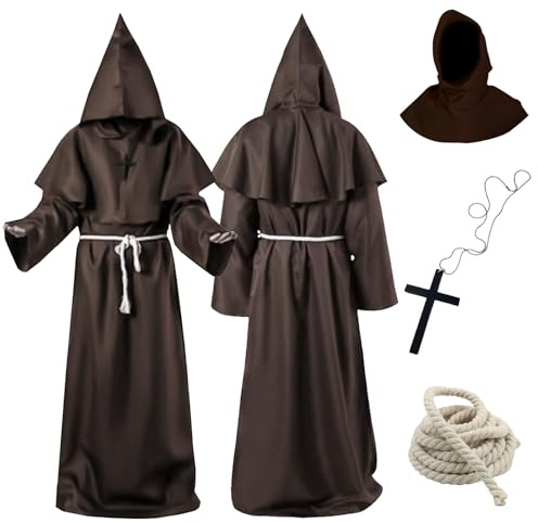 Tutukyle Mönch Kostüm, Mönch Robe Kostüm mit Kreuz Halskette, Herren Mittelalter Renaissance Robe, Mönchskutte Kostüm Mittelalter Renaissance Robe für Halloween Karneval