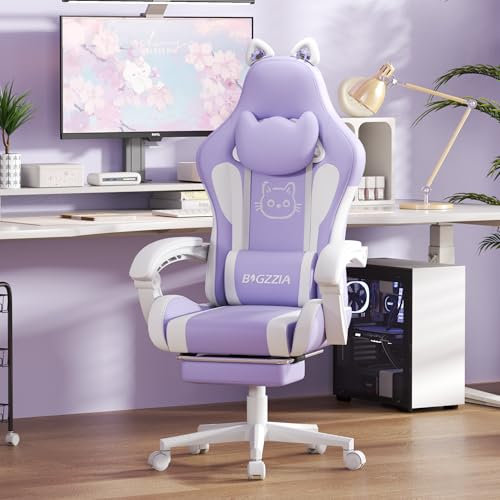 Racingreat Gaming Chair with Cat Ears for Girls Adults, Height Adjustable Reclining Computer Game Chair Comfortable with Headrest and Massage Lumbar Support (Purple/White)