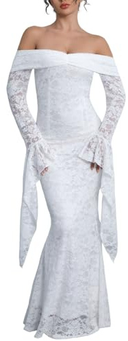 Women Off-Shoulder Lace Maxi Dress, Formal Gown for Wedding Evening Party | Romantic off-shoulder lace maxi dress in white,perfect for brides, maternity photoshoot,wedding engagement party or night out