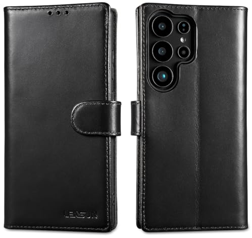 LENSUN Handyhülle für Samsung Galaxy S25 Ultra Echtleder, Glatt Schwarz | Hülle mit Wallet Kartenfach, Brieftasche, Standfunktion, RFID Schutzhülle, Leder Handytasche