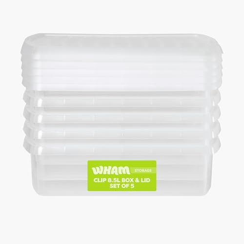 Wham Clip 5 x 8.5L Rectangular Stackable Plastic Storage Boxes with Lids | Ideal for Home, Office, Toys & More | Storage Containers with Clip Locks | Made in UK - Clear/Clear