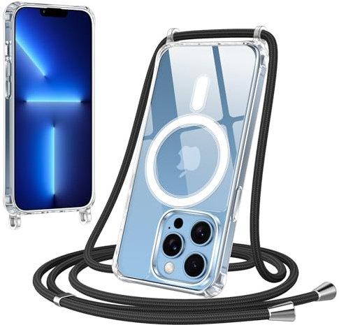 Jrkvniv Magnética Funda con Cuerda para iPhone 13 Pro MAX Carcasa, Compatible con MagSafe, Transparente Delgada TPU Silicona Anti-Choque Antiarañazos Protector Case con Ajustable Correa, Negro