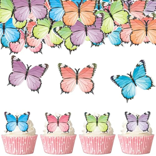 Gleevio Esspapier Schmetterlinge Tortendeko Geburtstag, 48 Stück Essbare Schmetterlinge für Torte Bunt, Schmetterling Muffin Deko Hochzeit, Schmetterling Kuchendeko Essbar für Taufe Babyparty