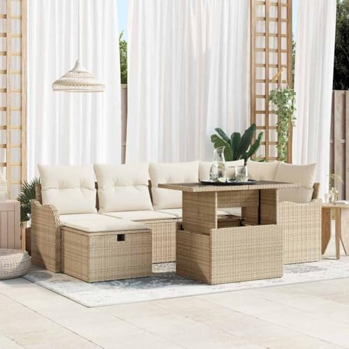 Holamys Beige Poly Rattan Gartenmöbel Loungeset 7-teilig mit Kissen & Stauraum, Outdoor-Sitzgruppe für 6 Personen, modular höhenverstellbar, wetterfest für Terrasse Garten