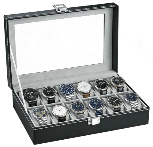 RDDAIPE Uhrenbox mit 12 Fächern, Uhrenkasten, Watch Box mit Glasdeckel,Uhren Aufbewahrungsbox mit Uhrenkissen,PU Leder und Samt Innenfutter,Uhrenbox Herren Damen,für Geburtstag,Vatertag Geschenk,Grau