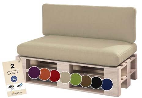 sunnypillow Palettenkissen Outdoor, wasserdicht, UV-lichtecht - 2er Set - Palettenauflage für Palettensofa für Haus, Garten - Palettenpolster für Palettenmöbel - Rückenkissen & Sitzkissen Cremefarben