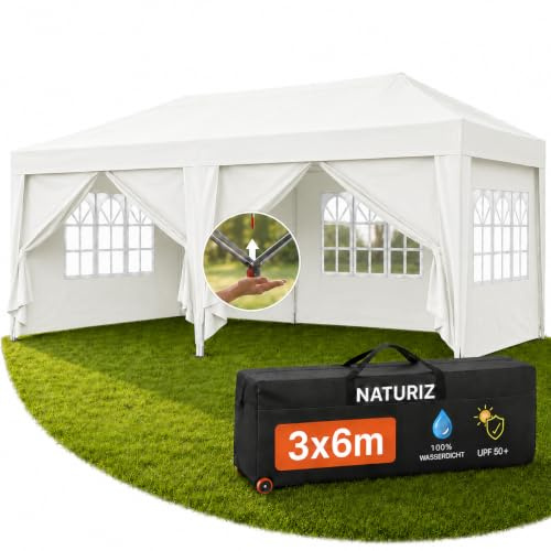 NATURIZ® Pavillon 3x6 Wasserdicht Stabil & UV 50+ Schutz - Faltpavillon mit Seitenwänden - Pop Up Zelt für Garten, Camping, Märktestand & Partyzelt, Gartenpavillon, Gartenzelt, Festzelt (Beige)