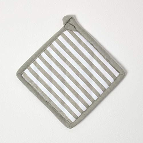 HOMESCAPES Topflappen grau gestreift 20x20 cm, Topfuntersetzer Baumwolle wattiert, Topflappen waschbar mit Schlaufe zum Aufhängen