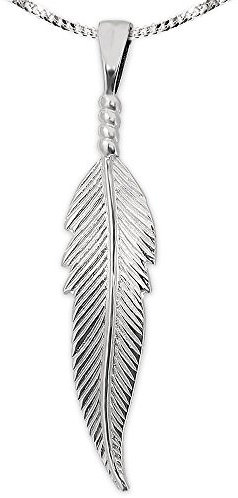 Clever Schmuck Set Silberner Damen Anhänger Feder 36 mm lang sehr plastisch mit 3 Kügelchen gebunden glänzend & Kette Panzer 50 cm STERLING SILBER 925