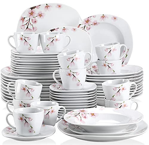 VEWEET ANNIE Juegos de Vajillas Elegantes 60 Piezas de Porcelana con 12 Tazas 175 ml, 12 Platillos, 12 Platos Llanos, 12 Platos de Postre y 12 Platos Hondos para 12 Personas, Motivo Floral Rosa