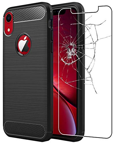 ebestStar - Cover per iPhone XR Apple, Custodia Protezione Carbonio Design, TPU Morbida Antiurto, Nero + Vetro Temperato
