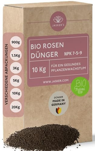 JASKER'S Rosendünger 10 Kg - 100% Langzeitwirkung für gesunde Rosen - Optimaler Dünger für Garten Rosen, Pfingstrosen & Kletterrosen - Abgefüllt in Deutschland