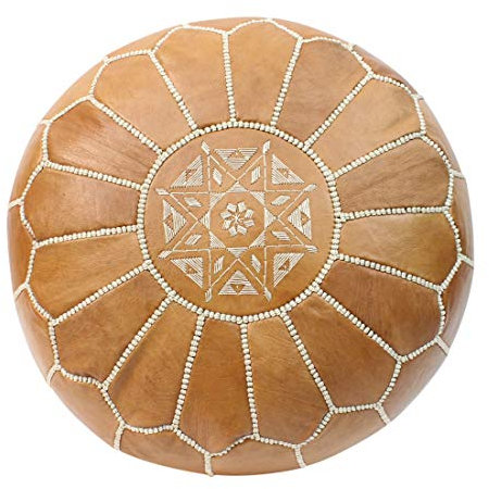 ESSENCE OF MOROCCO RAK2 Marokkanischer Pouf, Fußstütze, Fußhocker, Ottomane, echtes Leder, Naturbraun, handgefertigt, handgenäht mit gesticktem Design, RAK2 (nur Bezug)
