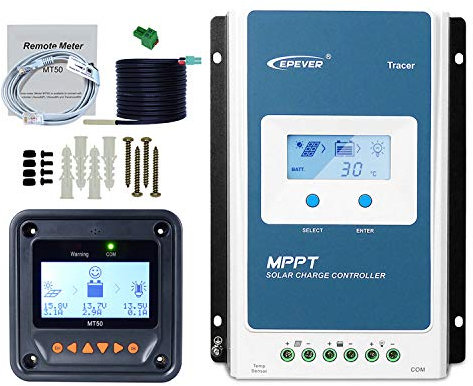EPEVER MPPT Solar Laderegler 40A 12V/24V Auto max. PV 100V Solarregler mit Fernanzeige MT50 + RTS mit LCD-Negativ für versiegelte überflutete Lithium-Gel-AGM-Batterie (40A+MT50+RTS)