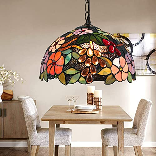 BOTOWI Blume und Traube Tiffany Pendelleuchte, Kronleuchter, Buntglas Decken Anhänger Licht für Wohnzimmer Esszimmer Küche, Innenraum Hängende Beleuchtung, E27,12