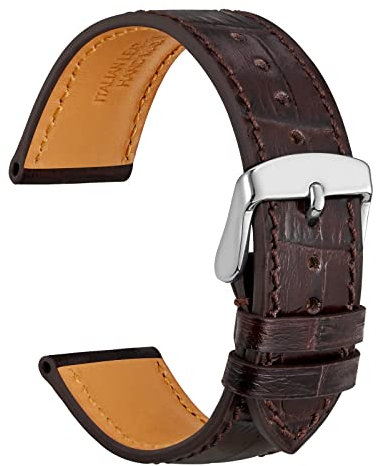 WOCCI 20mm Uhrenarmband Leder für Damen und Herren, Geprägtes Alligator, Silberne Schnalle (Dunkelbraun)