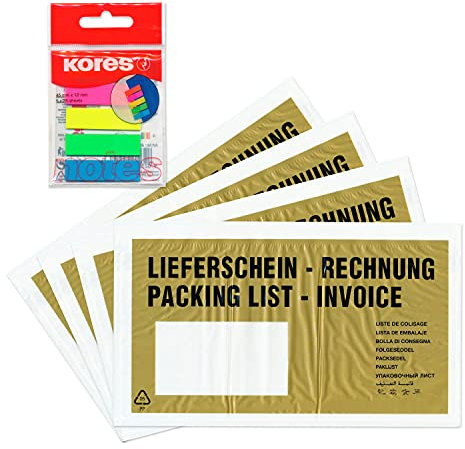 WPTrading - 1.000 x Lieferscheintaschen 225 x 120 mm in DIN-LANG Gold Lieferschein/Rechnung inkl. 125 Page-Marker in 5 Farben - Dokumenten-Taschen selbstklebend - Begleitpapiertaschen für Versand