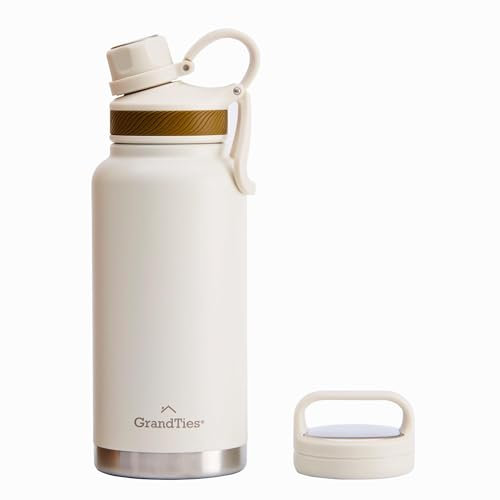 GrandTies Bouteille d'eau de voyage de 950 ml - Large ouverture isotherme sous vide avec deux couvercles style - Bouteille d'eau froide pour homme, femme - Blanc ivoire